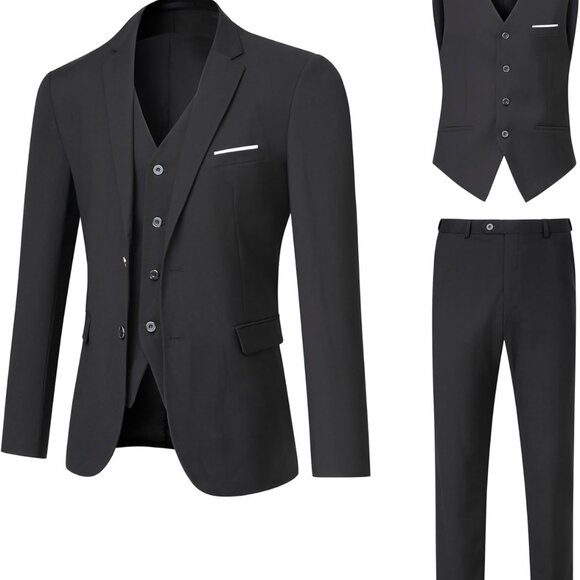 Elegant Men’s 3-Piece Slim Fit Suit Set with Two Button Jacket & Tie - Large